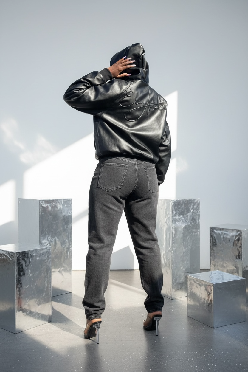 Leather pull over hoodie in black vegan leather