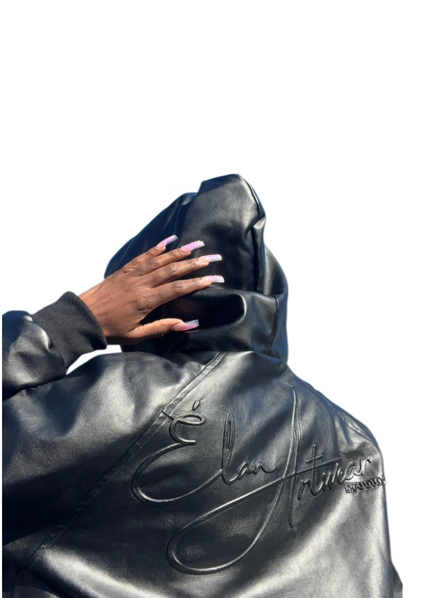 Leather pull over hoodie in black vegan leather