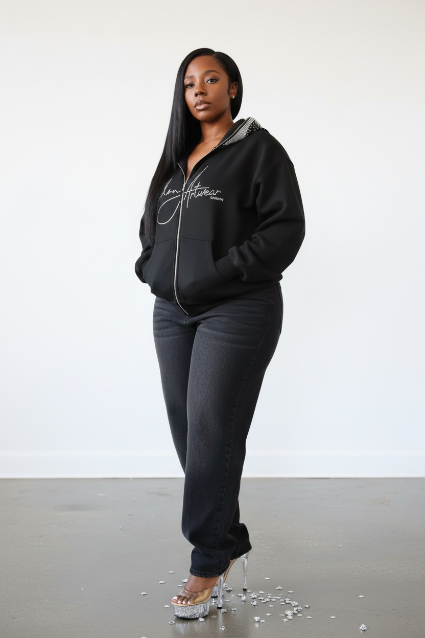 zip up rhinestone embellished logo hoodie