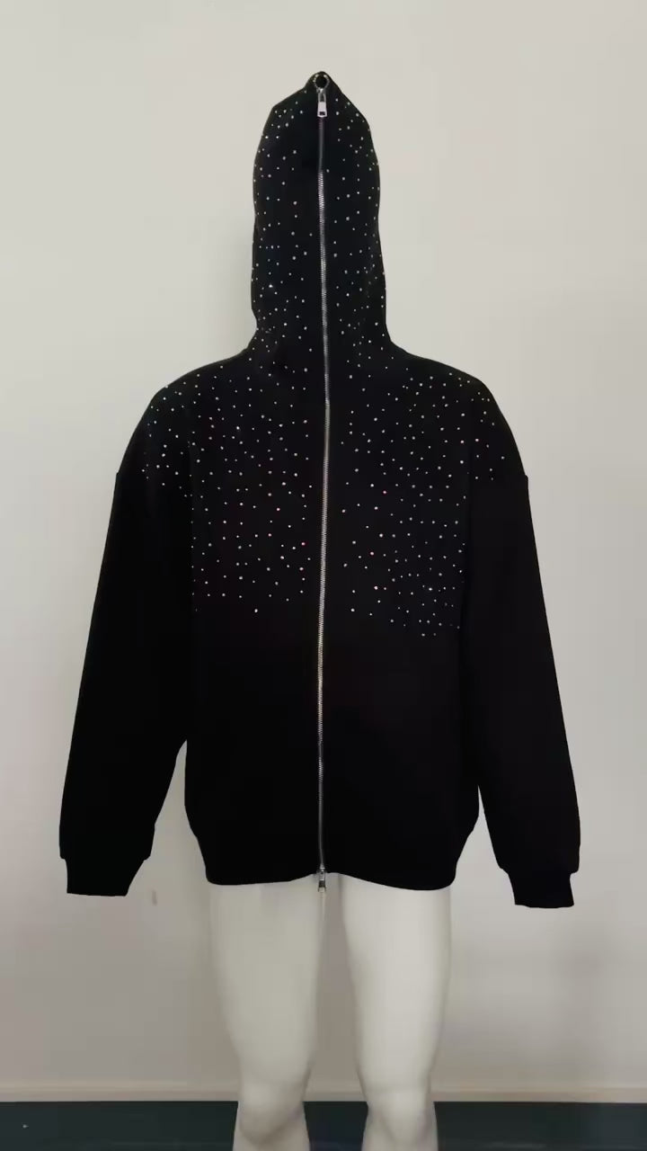 zip up rhinestone embellished hoodie